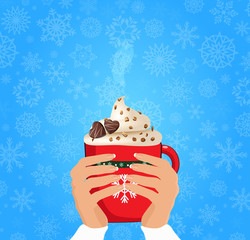 Christmas illustration of hands holding cute cartoon red cup with hot drink and sweets isolated on snowy background and space for text. Vector illustration, template, card, icon, clip art.