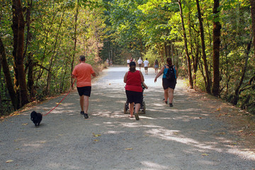 Four people hiking with a black dog.  One of the people is being