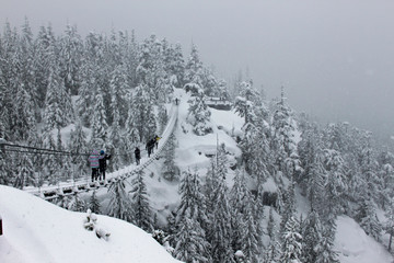 Fototapeta premium Crossing a snow covered suspension bridge in the mountains