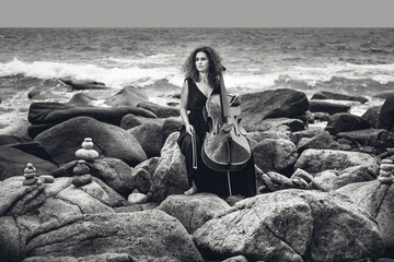 beautiful young woman playing cello on stone beach at stormy weather © zolotareva_elina