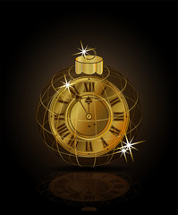 Merry Christmas & Happy New year golden clock xmas ball, vector illustration