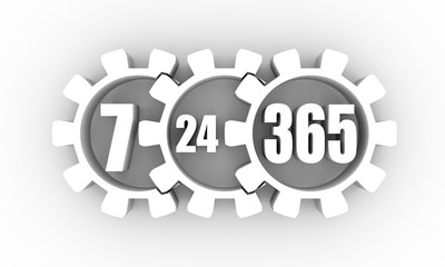 Time operation mode in gear. For customer support and retail. Seven days twenty four hour. 3D rendering