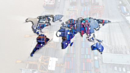 World map with logistic network distribution on background. Logistic and transport concept in front Logistics Industrial Container Cargo freight ship for Concept of fast or instant shipping, Online go