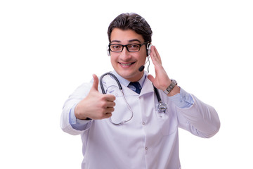 Young doctor with phone headset isolated on white