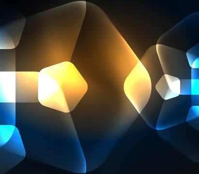 Glowing glass transparent pentagans, geometric abstract digital background