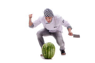 Young male cook with watermelon isolated on white