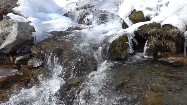 Frozen stream with ice. Spring river and snow. Cold water flows in the river ice. SlowMotion 240 FPS