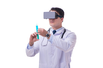 Doctor wearing a vr virtual reality headset isolated on white ba