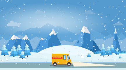 Vector illustration of winter landscape with delivery van, pines and snowflakes