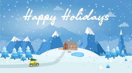 Fototapeta na wymiar Vector illustration of winter landscape with car, pines and snowflakes