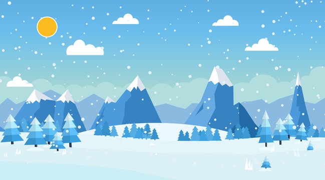Vector illustration of winter landscape with pines and snowflakes