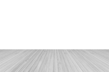 Wood floor perspective view with wooden texture in light grey color isolated on white wall...