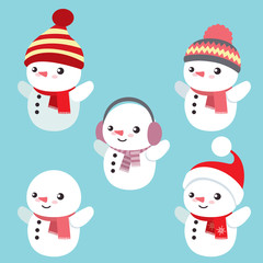 Set of five cute snowman with winter hats and scarfs