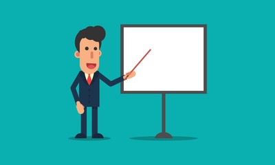 Businessman pointing at a blank board vector illustration in flat modern design isolated in turquoise background