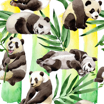 Tropical mix bamboo tree and panda pattern in a watercolor style. Aquarelle wild tree and animal for background, texture, wrapper pattern, frame or border.