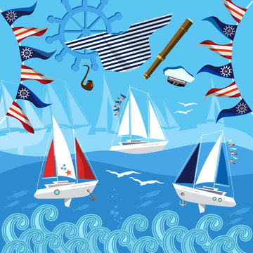 Yacht racing, sailing regatta. Water sports Nautical school. Sea adventure. Sailing in the wind through the waves
