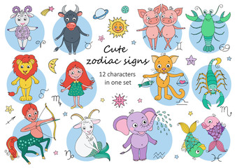 Big set of cute fantastic animals and characters as zodiac signs