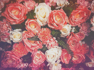 Obraz na płótnie Canvas wedding bouquet flower with rose bush ranunculus asiaticus as a background vintage filter