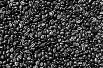 Roasted coffee beans are black and ready to be ground and brewed.