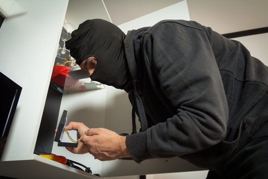 The burglar finds jewelry during theft. He finds a necklace in the cabinet