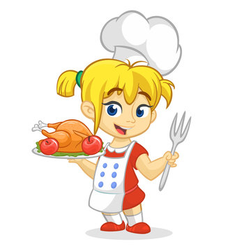Cartoon cute little blond girl in apron and chef's hat serving roasted thanksgiving turkey dish holding a tray and fork. Vector illustration isolated. Thanksgiving design