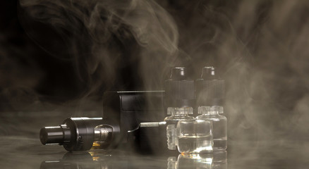 Steam e-cigarette and liquid isolated on black