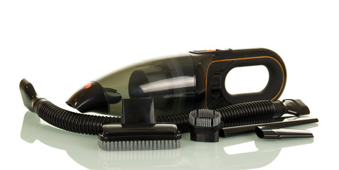 Automotive vacuum cleaner and details to it, brushes isolated on white © laboko