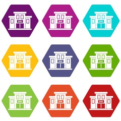 Bank building icon set color hexahedron