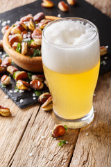 Light beer frothy and fried salted broad beans close-up. vertical