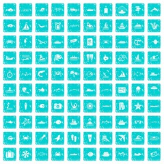 100 ocean icons set grunge blue