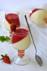 Traditional italian dessert panna cotta in glass with berry jello. Layered vanilla milk strawberry dessert on light background.