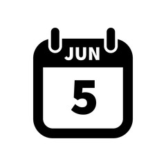 Simple black calendar icon with 5 june date isolated on white