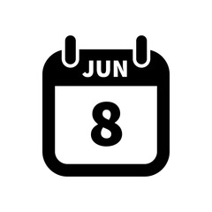 Simple black calendar icon with 8 june date isolated on white