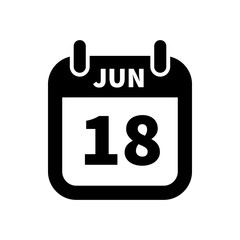 Simple black calendar icon with 18 june date isolated on white