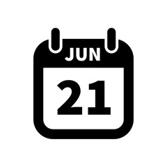 Simple black calendar icon with 21 june date isolated on white