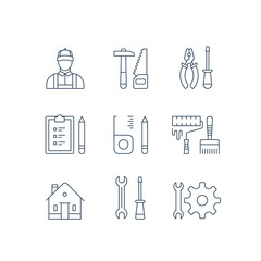 House repair tools, home improvement worker, renovation equipment, hammer saw, pliers and screwdriver, roller paint and brush