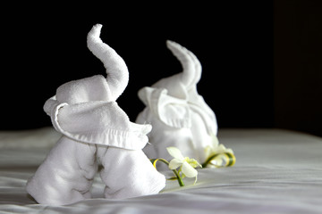 Funny elephants made from fluffly white towel.