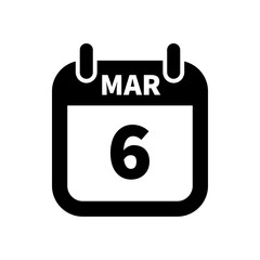 Simple black calendar icon with 6 march date isolated on white
