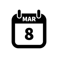 Simple black calendar icon with 8 march date isolated on white