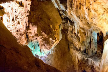 The stalagmites and stalactites of the Resava cave, one of the largest cave systems in Serbia