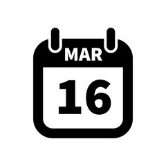 Simple black calendar icon with 16 march date isolated on white
