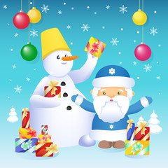 A beautiful New Year banner. Traditional Russian Grandfather Frost and Snowman-postman. A square poster for decorating a holiday party and congratulations.