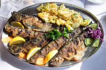The traditional dish of the central Serbia is a grilled mountain trout served with potato and onion salad, garlic and lemon