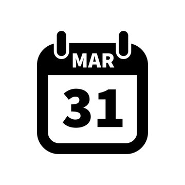Simple black calendar icon with 31 march date isolated on white