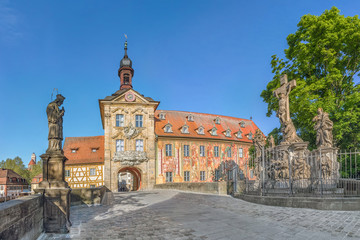 Old Town Hall (Altes Rathaus) of Bamberg and Upper Bridge (Obere Bruccke) in Bamberg, Germany