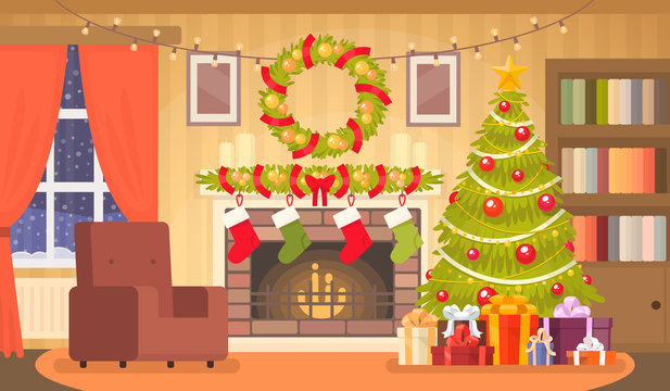 Christmas interior of the living room with a Christmas tree, gifts and a fireplace. Vector illustration