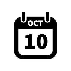 Simple black calendar icon with 10 october date isolated on white