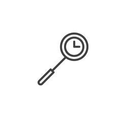 Magnifying glass and clock line icon, outline vector sign, linear style pictogram isolated on white. Symbol, logo illustration. Editable stroke