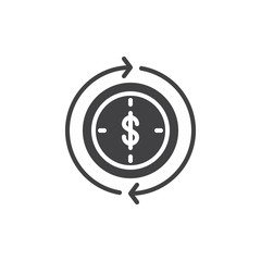Dollar inside clock and circling arrows icon vector, filled flat sign, solid pictogram isolated on white. Money turnover symbol, logo illustration.