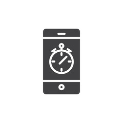 Smartphone and stopwatch icon vector, filled flat sign, solid pictogram isolated on white. chronometer symbol, logo illustration.